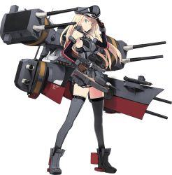 Rule 34 | 1girl, ankle boots, bare shoulders, bismarck (kancolle), bismarck drei (kancolle), blonde hair, blue eyes, boots, breasts, brown gloves, detached sleeves, full body, gloves, grey thighhighs, hand on headwear, hat, holding, kantai collection, long hair, long sleeves, machinery, medium breasts, military, military uniform, official art, peaked cap, shimada fumikane, sideboob, smile, solo, standing, thighhighs, transparent background, turret, uniform