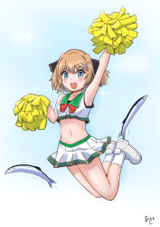 Rule 34 | 1girl, akashieru, armpits, blue background, blue eyes, blush, brown hair, cheering, cheerleader, crop top, fish, gradient background, hachijou (kancolle), hair ribbon, highres, holding, holding pom poms, jumping, kantai collection, midriff, miniskirt, navel, pleated skirt, pom pom (cheerleading), pom poms, ribbon, saury, shoes, skirt, smile, sneakers, solo, white skirt