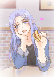 Rule 34 | 1girl, black shirt, blue eyes, blue hair, blue jacket, medea (fate), commentary request, emiya-san chi no kyou no gohan, fate (series), food, hakiba junkoi, heart, highres, holding, holding food, jacket, long hair, open clothes, open jacket, pointy ears, pov dating, sandwich, shirt, solo, sparkle, table, upper body