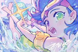 Rule 34 | 1girl, absurdly long hair, afloat, artist name, barefoot, blue hair, blush, cloud, eyewear on head, fingernails, green eyes, heterochromia, highres, league of legends, long hair, looking at viewer, nail polish, open mouth, outdoors, outstretched arms, outstretched legs, pool party zoe, purple eyes, purple nails, signature, sky, solo, splashing, swimsuit, teeth, toenail polish, toenails, toes, very long hair, water, water drop, yellow nails, zoe (league of legends), ztdlb