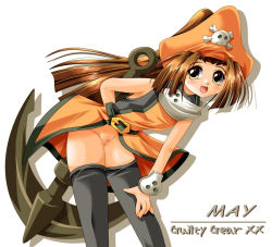 Rule 34 | 1girl, arc system works, bad anatomy, brown eyes, brown hair, censored, gloves, guilty gear, hat, may (guilty gear), no panties, orange hat, orange shirt, pirate, shirt, skull and crossbones, solo, thighhighs
