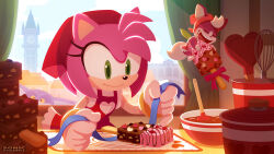 Rule 34 | 1girl, amy rose, animal ears, apron, big the cat, bowl, cat ears, chip (sonic), clock, clock tower, commentary request, eating, fairy wings, gloves, green eyes, heart, indoors, official art, peeking out, sonic (series), sonic unleashed, tower, uno yuuji, valentine, whisk, white gloves, window, wings