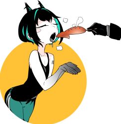 Rule 34 | 1girl, animal ears, barcode, barcode tattoo, bare shoulders, black eyes, black hair, black shirt, blue pants, blush stickers, bob cut, cat ears, closed eyes, colored inner hair, colored skin, cupping hands, feeding, fingernails, fried squid, gradient skin, grey skin, idkuroi, kokubunji suou, leaning forward, long sleeves, mechanical ears, mole, mole under mouth, multicolored hair, nail polish, open mouth, original, own hands together, pants, saliva, shirt, short hair, shoulder tattoo, sleeveless, sleeveless shirt, solo, tattoo, tongue, tongue out, track pants, white skin, yellow nails