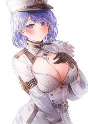 Rule 34 | 1girl, azur lane, bad id, bad pixiv id, blue eyes, blue hair, blush, breasts, chain, chapayev (azur lane), cleavage, cleavage cutout, closed mouth, clothing cutout, gloves, hair ornament, hairclip, hat, highres, jacket, large breasts, looking at viewer, military hat, mole, mole on breast, peaked cap, short hair, solo, suru (ksoo420), white hat, white jacket