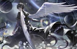 Rule 34 | 1boy, absurdres, amon (lord of the mysteries), angel, angel wings, black eyes, black hair, black robe, chinese commentary, clock, commentary request, fire, highres, holding lamp, looking at viewer, looking back, lord of the mysteries, pants, planet, prejun, robe, smile, solo, space, star (sky), tentacles, tentacles under clothes, wings