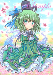 Rule 34 | 1girl, black bow, black bowtie, black hat, black ribbon, blue dress, blue flower, blue ribbon, blush, bow, bowtie, buttons, closed mouth, dress, flower, frilled dress, frills, ghost tail, green eyes, green hair, hair flower, hair ornament, hat, hat ribbon, juliet sleeves, long sleeves, looking at viewer, marker (medium), ofuda, ofuda on clothes, pink flower, puffy sleeves, ribbon, rui (sugar3), sample watermark, soga no tojiko, solo, tate eboshi, touhou, traditional media, v arms, watermark