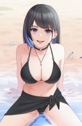 Rule 34 | 1girl, absurdres, arm support, bare shoulders, beach, bikini, black bikini, black hair, blue hair, bottle, breasts, choker, collarbone, colored inner hair, debi, fang, hair behind ear, highres, jewelry, large breasts, long hair, looking at viewer, multicolored hair, navel, necklace, open mouth, original, partially submerged, purple eyes, sitting, skin fang, solo, spread legs, swimsuit, tongue, tongue out, water