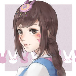 Rule 34 | 1girl, alternate hairstyle, bad id, bad pixiv id, border, braid, brown eyes, brown hair, character name, d.va (overwatch), facepaint, facial mark, from side, grey background, hair ornament, hanbok, korean clothes, light smile, long hair, looking at viewer, looking to the side, official alternate costume, overwatch, overwatch 1, palanquin d.va, portrait, rabbit hair ornament, ruan chen yue, signature, sketch, solo, traditional clothes, whisker markings, white border