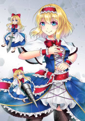 Rule 34 | 3girls, absurdres, alice margatroid, apron, black footwear, black legwear, blonde hair, blue dress, blue eyes, blush, bow, bowtie, breasts, capelet, commentary request, cross-laced clothes, dress, frilled hairband, frilled sash, frills, gradient background, grey background, hair between eyes, hairband, high heels, highres, holding, holding lance, holding polearm, holding sword, holding weapon, hourai doll, lance, lens flare, lolita hairband, long hair, long sleeves, looking at viewer, medium breasts, multiple girls, open mouth, petticoat, polearm, puppet strings, red bow, red hairband, red neckwear, red sash, sash, shanghai doll, short hair, sidelocks, smile, sparkle, sword, tachiaoi (r1921l), thighhighs, touhou, waist apron, weapon, white apron, white capelet, wrist cuffs