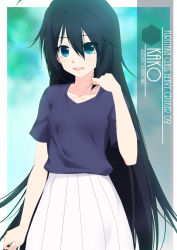 Rule 34 | 1girl, artist name, blouse, blue shirt, character name, commentary request, cowboy shot, dress, hair between eyes, highres, inaba shiki, kako (kancolle), kantai collection, long hair, long skirt, looking at viewer, official alternate costume, official alternate hairstyle, one-hour drawing challenge, pleated dress, shirt, skirt, solo, standing, white skirt