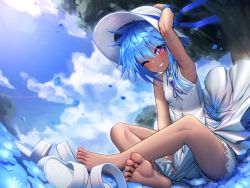 Rule 34 | 1girl, ;), arm up, armpits, bare arms, bare legs, bare shoulders, blue flower, blue hair, blue ribbon, blue sky, blush, breasts, brooch, cloud, commentary, crossed legs, dark-skinned female, dark skin, day, dress, feet, flower, grin, hair between eyes, hand on headwear, hat, hat ribbon, highres, jewelry, lens flare, looking at viewer, mitsukuni, one eye closed, outdoors, petals, pink eyes, ribbon, shoes, short hair, sitting, sky, sleeveless, sleeveless dress, small breasts, smile, soles, solo, soui, sun hat, toes, tree, unworn shoes, watch, white dress, white hat, wixoss, wristwatch