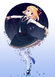Rule 34 | 1girl, :d, absurdres, blonde hair, fang, frilled skirt, frills, hair ribbon, highres, mary janes, murani, open mouth, pantyhose, petticoat, red eyes, ribbon, rumia, shirt, shoes, short hair, skirt, smile, solo, touhou, vest, white pantyhose