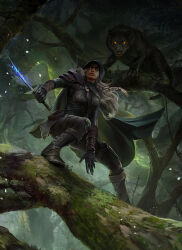 1girl black_cloak black_footwear black_gloves black_hood black_panther black_pants boots clayscence cloak dagger dungeons_&amp;_dragons fantasy forest gloves green_eyes grey_hair holding holding_dagger holding_knife holding_weapon hood hooded_cloak knife long_hair looking_at_viewer magic nature outdoors panther pants reverse_grip tree weapon yellow_eyes