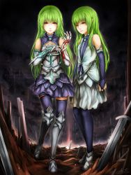 Rule 34 | 2girls, aionlights, armor, bare shoulders, borrowed character, bridal gauntlets, cloud, cloudy sky, dual persona, full body, gauntlets, greaves, green hair, long hair, multiple girls, original, pantyhose, planted, planted sword, planted weapon, pointy ears, rain, resolution mismatch, rynn (acerailgun), signature, skirt, sky, source larger, sword, thighhighs, very long hair, watermark, weapon, web address, yellow eyes