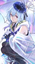 Rule 34 | 1boy, arknights, bare shoulders, blue hair, chinese commentary, colored tips, commentary request, dated, highres, holding, holding umbrella, looking at viewer, male focus, misore, mizuki (arknights), multicolored hair, puddle, purple eyes, rain, signature, squatting, umbrella