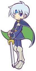Rule 34 | 1boy, armor, belt, blue eyes, boots, cape, fingerless gloves, full body, gloves, greaves, headband, highres, knee boots, madou monogatari, male focus, mzkn002, official style, one eye closed, pants, planted sword, planted, puyopuyo, puyopuyo fever, schezo wegey, smile, solo, sword, transparent background, weapon, white background, white hair, wink