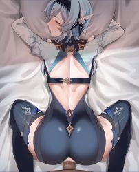 Rule 34 | 1boy, 1girl, absurdres, all fours, artist request, ass, back, backboob, backless outfit, bed sheet, blue hair, blush, breasts, breasts apart, clothed female nude male, clothed sex, dark-skinned male, dark skin, doggystyle, erection, eula (genshin impact), genshin impact, hair ornament, half-closed eyes, heart, heart-shaped pupils, highres, karacak, long sleeves, nude, hugging object, on bed, open mouth, orange eyes, penis, pillow, pillow hug, pov, sex, sex from behind, sweat, symbol-shaped pupils, thighhighs, tongue, tongue out, vaginal