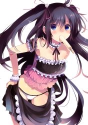 Rule 34 | 1girl, absurdres, black hair, blue eyes, blush, borrowed character, choker, collarbone, denpa (kazuharu), food, hair between eyes, hair ribbon, hand on own hip, highres, long hair, looking at viewer, mishima kurone, mouth hold, navel, original, panties, popsicle, ribbon, scan, simple background, solo, twintails, two side up, underwear, white background, white panties, wrist cuffs