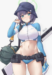 Rule 34 | 1girl, absurdres, artist name, bag, belt, blue archive, blush, breasts, bucket hat, cowboy shot, crop top, halo, hat, highres, holding, holding bag, large breasts, long sleeves, looking at viewer, navel, official alternate costume, purple hair, rash guard, saki (blue archive), saki (swimsuit) (blue archive), signature, simple background, solo, stomach, utility belt, van.elv, weapon behind back, white background