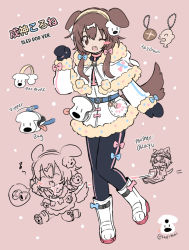 Rule 34 | 1girl, animal ears, bad id, bad twitter id, blue bow, blush stickers, bone hair ornament, bow, brown eyes, brown hair, character name, chibi, chocolate cornet, dog ears, dog girl, dog tail, earmuffs, fangs, food, fur trim, gloves, hair between eyes, hair ornament, hairclip, hololive, inugami korone, charm (object), lapithai, long hair, long sleeves, nekomata okayu, pink background, pink bow, signature, simple background, snow boots, standing, standing on one leg, tail, virtual youtuber