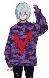 Rule 34 | 1boy, ametaro (ixxxzu), black pants, boku no hero academia, camouflage, grey hair, hand up, highres, looking at viewer, male focus, pants, print sweater, red eyes, scar, scar on face, shigaraki tomura, short hair, simple background, solo, sweater, white background, wrinkled skin