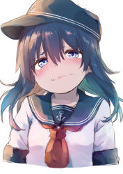 Rule 34 | 1girl, absurdres, akatsuki (kancolle), alternate sleeve length, anchor symbol, black hair, black hat, black sailor collar, blue eyes, commentary request, flat cap, hat, highres, kantai collection, long hair, looking at viewer, neckerchief, red neckerchief, sad, sailor collar, short sleeves, simple background, solo, taisho (gumiyuki), upper body, white background