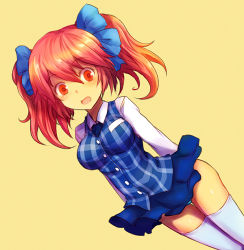 Rule 34 | 1girl, arms behind back, blue panties, blush, bow, buttons, dutch angle, hair bow, kara (color), kumatanchi, name tag, necktie, open mouth, panties, pantyshot, pleated skirt, red eyes, red hair, skirt, solo, standing, sumomo (kumatanchi), thigh gap, thighhighs, underwear, upskirt, white thighhighs