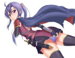 Rule 34 | armor, ass, belt, black hair, bra, cape, covering privates, covering ass, dress, fingerless gloves, from behind, gloves, long hair, looking back, original, panties, ponytail, purple eyes, sheath, sheathed, short dress, simple background, solo, sword, takuya kame, thighhighs, thighs, underwear, upskirt, weapon, white background