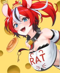Rule 34 | 1girl, animal ears, bagel, blue eyes, breasts, cleavage, collar, detached sleeves, hakos baelz, highres, hololive, hololive english, key, leaning forward, midriff, mintz912, mouse ears, mr. squeaks (hakos baelz), multicolored hair, navel, red hair, sharp teeth, spiked collar, spikes, strapless, streaked hair, teeth, tube top, virtual youtuber, yellow background