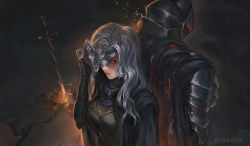 Rule 34 | 1boy, 1girl, armor, ashen one (dark souls 3), back-to-back, blonde hair, bonfire (dark souls), cape, copyright name, covered eyes, dark souls (series), dark souls i, dark souls iii, fire keeper, highres, looking at viewer, planted, red eyes, solo, sword, ushas, weapon