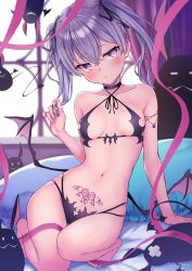 Rule 34 | 1girl, absurdres, bare shoulders, barefoot, bikini, black bikini, black choker, breasts, choker, collarbone, commentary, criss-cross halter, demon girl, demon tail, demon wings, english commentary, hair ribbon, halterneck, hand up, highres, holding, holding own hair, long hair, looking at viewer, low wings, multi-strapped bikini, navel, original, parted lips, pink eyes, pubic tattoo, purple hair, ribbon, ryuinu, small breasts, solo, stomach, string bikini, swimsuit, tail, tattoo, twintails, wings