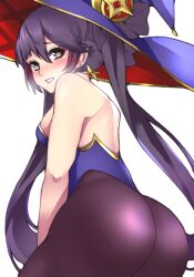 Rule 34 | 1340smile, 1girl, ass, bare back, bare shoulders, blush, commentary, genshin impact, grin, hair between eyes, hat, heart, heart-shaped pupils, highres, long hair, looking at viewer, mona (genshin impact), pantyhose, purple hair, purple pantyhose, smile, solo, strapless, symbol-shaped pupils, twintails, very long hair, witch hat