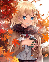 Rule 34 | 1girl, absurdres, advarcher, autumn leaves, bad id, bad pixiv id, black hair, blue eyes, capelet, coffee cup, cup, disposable cup, grin, hair ornament, highres, hololive, hololive english, leaf, long sleeves, looking at viewer, maple leaf, medium hair, scarf, smile, twitter username, upper body, virtual youtuber, watson amelia