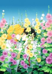 Rule 34 | 2boys, artist name, black eyes, black hair, black legwear, black pants, blonde hair, blurry, blurry foreground, collared shirt, couple, doukyuusei (manga), eyebrows, flower, glasses, half-closed eyes, hand on another&#039;s face, hand on another&#039;s head, hands together, imminent kiss, kusakabe hikaru, male focus, multiple boys, munette, necktie, pale skin, pants, pink flower, plant, profile, red neckwear, sajou rihito, school uniform, shirt, short sleeves, sky, smile, standing, summer uniform, twitter username, watermark, white shirt, yaoi, yellow flower
