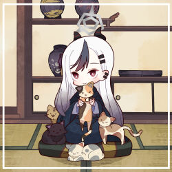 Rule 34 | 1girl, animal, black cat, black horns, black kimono, blue archive, bright pupils, calico, cat, closed mouth, ear piercing, gradient hair, hair ornament, hairclip, halo, highres, holding, holding animal, holding cat, horns, japanese clothes, kayoko (blue archive), kayoko (new year) (blue archive), kimono, kneeling, multicolored hair, noto (user dajk3722), piercing, pillow, red eyes, solo, streaked hair, striped horns, tabby cat, tatami, vase, white pupils, wide sleeves