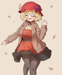 Rule 34 | 1girl, aki minoriko, arinu, black pantyhose, black skirt, blonde hair, blush, breasts, brown background, brown jacket, collared shirt, facing viewer, feet out of frame, fruit hat ornament, grape hat ornament, hair between eyes, hat, hat ornament, highres, jacket, large breasts, mob cap, open clothes, open jacket, open mouth, pantyhose, red hat, shirt, short hair, simple background, skirt, smile, solo, touhou, yellow shirt