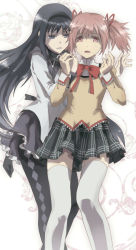 10s 2girls akemi_homura akemi_homura_(magical_girl) black_eyes black_hair hairband hug hug_from_behind kaname_madoka kome_kako long_hair magical_girl mahou_shoujo_madoka_magica mahou_shoujo_madoka_magica_(anime) multiple_girls pantyhose pink_eyes pink_hair school_uniform thighhighs twintails white_thighhighs zettai_ryouiki