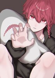 Rule 34 | 1boy, absurdres, black sweater, blue lock, braid, grey background, hand up, highres, knees up, kurona ranze, long sleeves, looking at viewer, male focus, open hand, parted lips, red eyes, red hair, sharp teeth, short hair, side braid, simple background, sleeves past wrists, solo, stuffed animal, stuffed shark, stuffed toy, sweater, teeth, upper body, user cdug5424