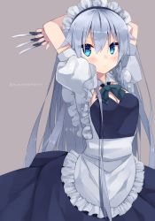 Rule 34 | 1girl, alternate hair length, alternate hairstyle, apron, arms up, artist name, between fingers, blue dress, blue eyes, blush, bow, bowtie, braid, breasts, cleavage, commentary, cowboy shot, dress, frilled apron, frills, green bow, green bowtie, grey background, hair between eyes, highres, holding, holding knife, holding weapon, izayoi sakuya, knife, knives between fingers, long hair, looking at viewer, maid, maid apron, maid headdress, medium breasts, momomaron, puffy short sleeves, puffy sleeves, shirt, short sleeves, silver hair, simple background, solo, standing, touhou, twitter username, v-shaped eyebrows, weapon, white apron, white shirt