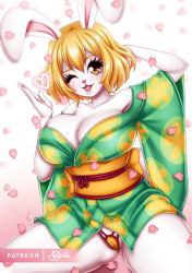Rule 34 | 1girl, animal ears, bare arms, bare shoulders, blonde hair, blush, breasts, brown eyes, rabbit, rabbit ears, carrot (one piece), cleavage, dress, furry, japanese clothes, kimono, large breasts, long hair, looking at viewer, one piece, open mouth, panties, sevie, squatting, tongue, tongue out, underwear, wink