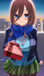Rule 34 | 1girl, absurdres, black jacket, blazer, blue eyes, blue scarf, blush, breasts, brown hair, brown pantyhose, city, closed mouth, commentary request, cowboy shot, day, enpera, gift, go-toubun no hanayome, gradient sky, green skirt, hair between eyes, highres, hiyoku, holding, holding gift, jacket, large breasts, long hair, long sleeves, looking at viewer, miniskirt, nakano miku, open clothes, open jacket, outdoors, pantyhose, pleated skirt, scarf, skirt, sky, smile, sweater vest, valentine