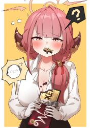 Rule 34 | 1girl, ?, absurdres, aru (blue archive), black skirt, blue archive, blush, box, brown horns, chocolate, closed mouth, collared shirt, demon horns, doodle sensei (blue archive), gift, gift box, gloves, golmonggu, halo, highres, holding, holding gift, horns, long hair, long sleeves, looking at viewer, pink hair, pink halo, sensei (blue archive), shirt, skirt, solo, spoken question mark, white gloves, white shirt, yellow eyes