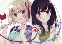 Rule 34 | 2girls, :d, black hair, blonde hair, blue shirt, blush, bob cut, closed mouth, commentary request, hair ribbon, highres, holding, holding paintbrush, index finger raised, inoue takina, long hair, looking at viewer, lycoris recoil, multiple girls, nishikigi chisato, official alternate costume, one side up, open mouth, overalls, paint on body, paintbrush, purple eyes, red eyes, red ribbon, ribbon, sango (sango3 3), shirt, short hair, short sleeves, sidelocks, simple background, smile, strap slip, upper body, white background, white shirt, yuri