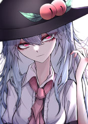Rule 34 | 1girl, 33 gaff, alternate eye color, black hat, blue hair, breasts, closed eyes, collared shirt, eyes visible through hair, food, frills, fruit, hair between eyes, hand up, hat, hat ornament, hinanawi tenshi, long hair, looking to the side, looking up, medium breasts, necktie, peach, pink eyes, puffy short sleeves, puffy sleeves, purple necktie, shirt, short sleeves, simple background, solo, touhou, upper body, white background, white shirt