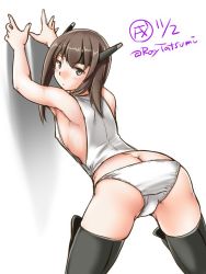 Rule 34 | 1girl, armpits, ass, boots, brown eyes, brown hair, butt crack, dated, from behind, headgear, kantai collection, looking at viewer, panties, shirt, short hair, sleeveless, sleeveless shirt, solo, taihou (kancolle), tatsumi ray, thigh boots, thighhighs, twitter username, underwear, white panties