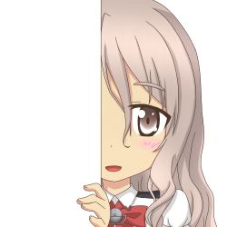 Rule 34 | 10s, 1girl, blush, bow, bowtie, brown eyes, eyebrows, hair between eyes, kantai collection, long hair, looking at viewer, nagineko, open mouth, peeking out, pola (kancolle), smile, solo, transparent background, wavy hair