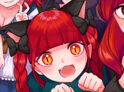 Rule 34 | 4girls, :3, :d, animal ears, blunt bangs, blush, braid, breasts, cat ears, cleavage, close-up, color connection, cropped, extra ears, eyelashes, fang, female focus, grin, hair color connection, hand up, hecatia lapislazuli, highres, kaenbyou rin, koakuma, leaning forward, long hair, multiple girls, onozuka komachi, open mouth, paw pose, pointy ears, red eyes, red hair, satsuki mei (17maymay14), slit pupils, smile, solo focus, touhou, twin braids, twintails, v