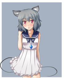 Rule 34 | 1girl, alternate costume, animal ears, bandana, blush, dress, gem, grey hair, highres, jewelry, mono (mono60), mouse ears, mouse tail, nazrin, necklace, playing with own hair, red eyes, short hair, simple background, sleeveless, sleeveless dress, solo, tail, touhou