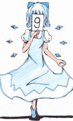 Rule 34 | circled 9, 1girl, blue hair, cirno, covering privates, covering face, curtsey, dress, female focus, full body, hair ribbon, notebook, phantasmagoria of flower view, ribbon, short hair, solo, touhou, traditional media, white background