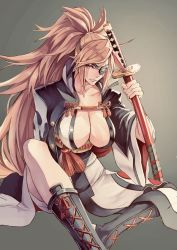 Rule 34 | 1girl, absurdres, amputee, armor, baiken, big hair, black jacket, boots, breasts, eyepatch, facial tattoo, greaves, guilty gear, guilty gear xrd, highres, jacket, jacket on shoulders, japanese clothes, kataginu, katana, kimono, large breasts, long hair, looking at viewer, multicolored clothes, multicolored kimono, obi, one-eyed, open clothes, open kimono, otsutei, pink hair, ponytail, red eyes, samurai, sash, scar, scar across eye, scar on face, sheath, shoelaces, simple background, smile, solo, sword, tattoo, weapon, white kimono